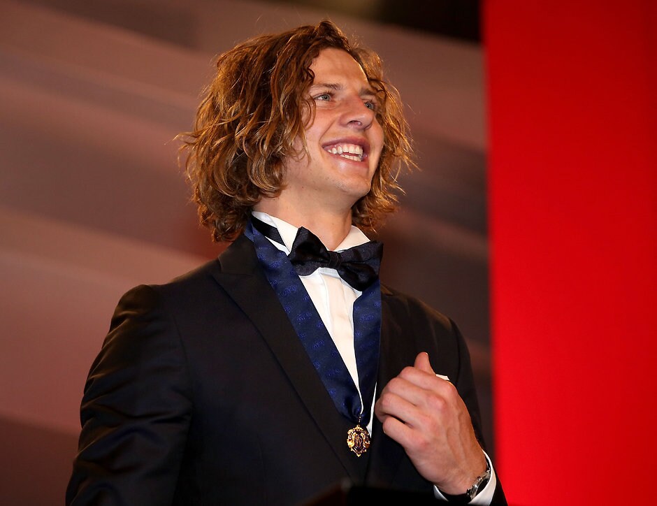 AFL 2015 Media - Brownlow Medal MELBOURNE, AUSTRALIA - SEPTEMBER 28: Brownlow winner Nat Fyfe of the Dockers addresses the crowd after being announced during the 2015 Brownlow Medal count at the Crown Palladium, Melbourne, Australia on September 28, 2015. (Photo by Michael Dodge/AFL Media)
